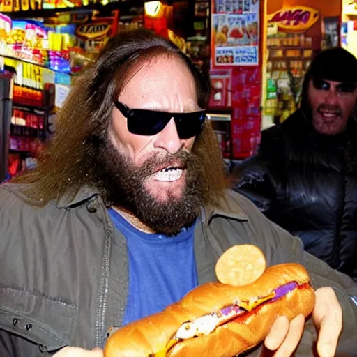 Prompt: Bigfoot finally caught on camera, wearing macho man Randy savage sunglasses while getting a hotdog in a bodega