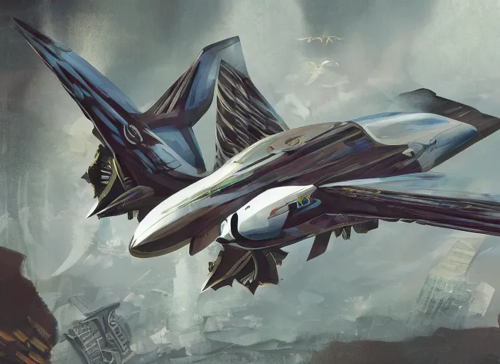 Prompt: concept art of an angelic modern jet plane with ornate birdlike wings with art deco patterns flying over an outpost in a forest, cyberpunk, high fantasy