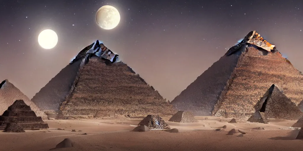 Prompt: huge asteroid impacting the pyramids, a lot of flying debris, greg rutkowski, 8 k, shallow depth of field, full moon, ultra high detail, concept art,