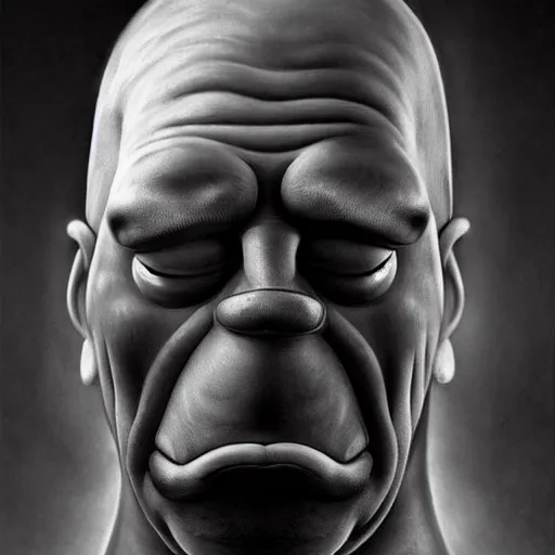 Image similar to An ultra realistic portrait painting of Homer Simpson in the style of Frank Frazetta, 4k, Ultra realistic, Highly Detailed, Dark Fantasy, Epic Lighting