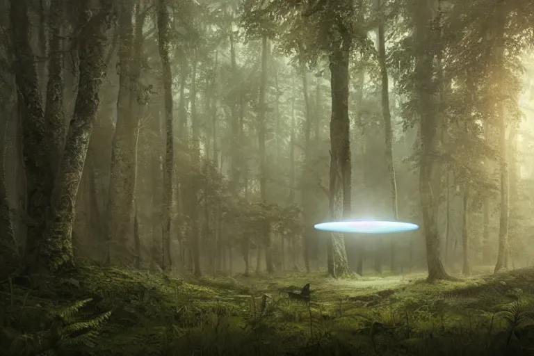 Image similar to ufo in a forest, concept art, intricate details, eerie, highly detailed, photorealistic, octane render, 8 k, unreal engine. art by greg rutkowski and james gurney and h r giger