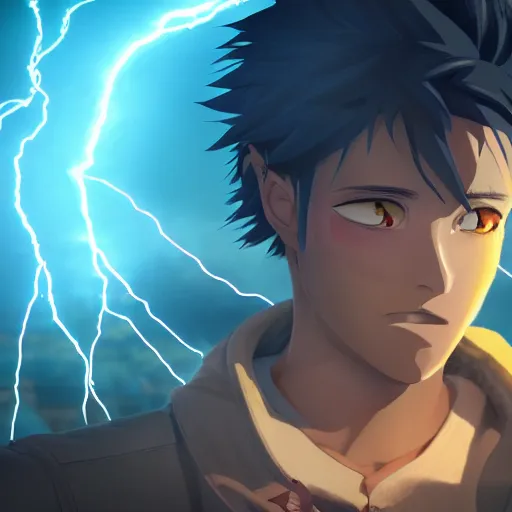 Prompt: an epic anime of a man surrounded by lightning bolts, big jacket, ghibli, unreal 5, octane render, rpg portrait, dynamic lighting, epic, epic anime, 2 d