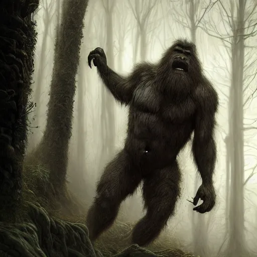 Image similar to Dark fantasy Painting of a huge muscular hairy bigfoot creature lurking in the misty forest, gloomy, full body, disgusting, creepy, unsettling, horror, intricate, wild, highly detailed, digital painting, artstation, concept art, smooth, sharp focus, illustration, art by artgerm and greg rutkowski and alphonse mucha