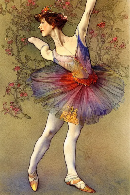 Prompt: a hiper intricate watercolor of a beatiful dancing balerina, extremely detailed, sharp focus, wide view, smooth, digital illustration, colorfull, by william turner art, by greg rutowski, by alphonse mucha