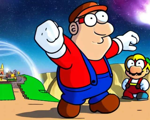 Image similar to peter griffin in super mario galaxy