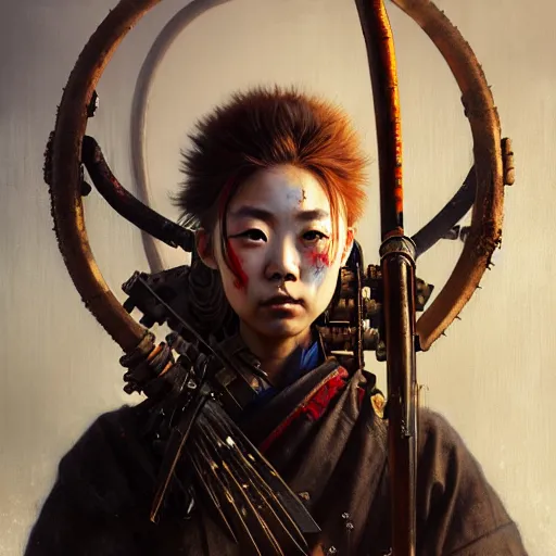 Image similar to portrait painting of a post - apocalyptic japanese lady wearing rusty samurai armor and traditional warpaint, ultra realistic, concept art, intricate details, eerie, highly detailed, photorealistic, octane render, 8 k, unreal engine. art by artgerm and greg rutkowski and charlie bowater and magali villeneuve and alphonse mucha