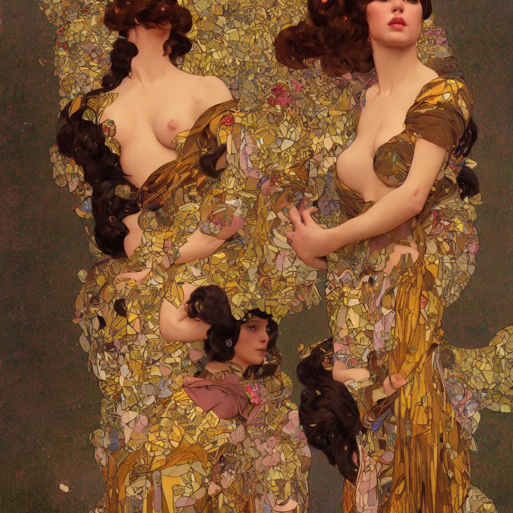 Image similar to modern woman | hyperrealistic | action pose | digital painting | trending on artstation | pinup portrait | clean | illustration | dressed | Unreal Engine 5 | 8k resolution | by Greg Rutkowski Alphonse Mucha Gustav Klimt and Mel Ramos