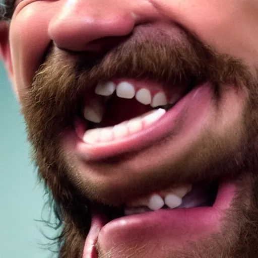 Prompt: extremely zoomed - in photo of spanish laughing guy el risitas face showing his big grin and laughing kek meme face