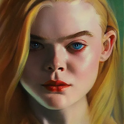 Prompt: ultra realistic portrait painting of elle fanning in a 1 9 7 0 s sci - fi, art by frank frazetta, 4 k, ultra realistic, highly detailed, epic lighting