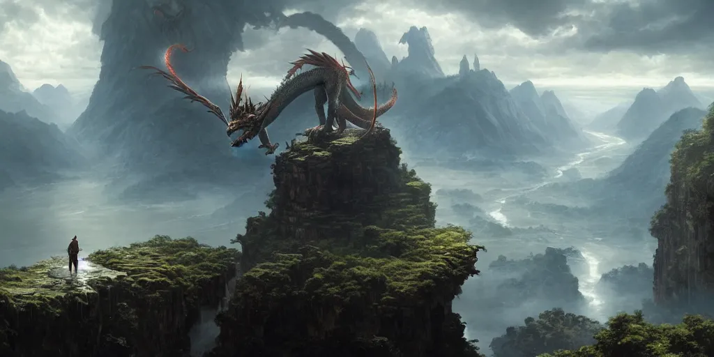 Prompt: a dragon hovers above a river with a lost city on a cliff in the distance, 4 k resolution, ultra detailed, matte oil painting, mysterious, wallpaper, art by greg rutkowski