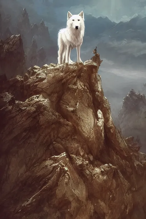 Prompt: white magic wolf on top of a mountain, elden ring, by greg rutkowski and zdizslaw beksinski, trending on artstation, octane render