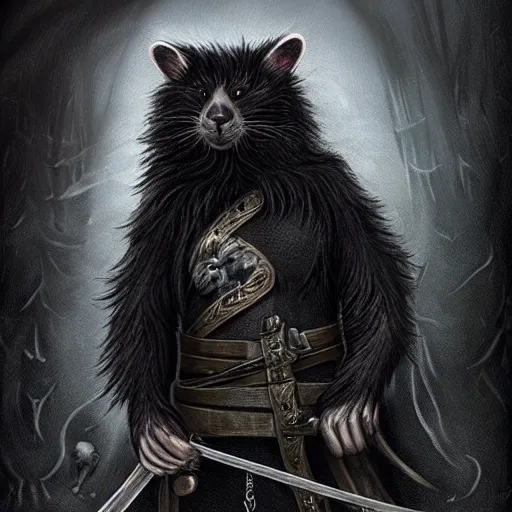 Prompt: Kahjit with Mein Coon traits, with black fur, holding two swords and cloaked in shadows, fantasy, in the style of Seb Mckinnon.