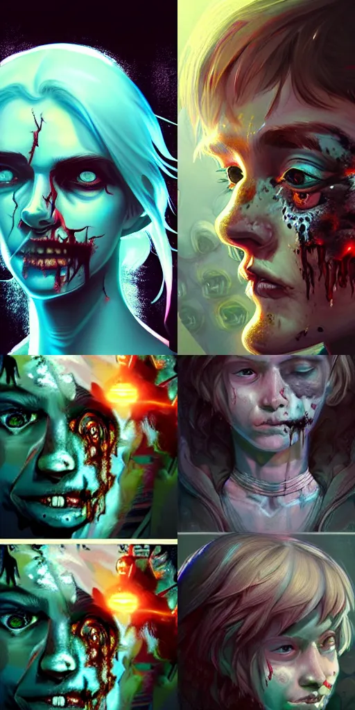 Prompt: Hyperdetailed masterpiece concept art of a portrait of a zombie going through adolescence, hyperdetailed concept art by Ross Tran, high quality DnD illustration, trending on ArtStation