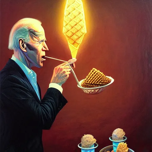 Prompt: epic Joe Biden eats waffle cone ice cream in pandemonium, demons and souls, portrait, art by Wayne Barlowe, oil on canvas