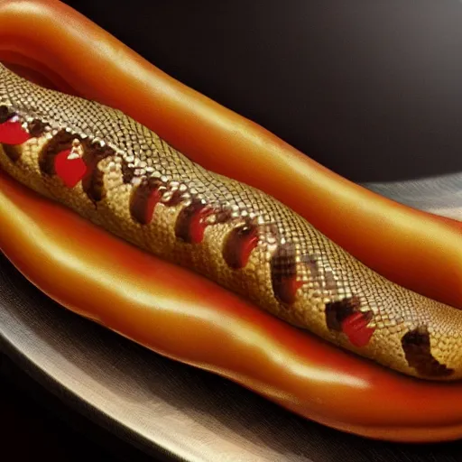 Image similar to photorealistic snake hotdog. hyperdetailed photorealism, 1 0 8 megapixels, amazing depth, high resolution, 3 d shading, 3 d finalrender, 3 d cinematic lighting, glowing rich colors, artstation concept art.