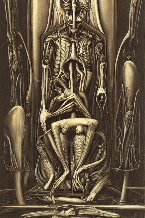 Prompt: a man sitting in a throne, surrounded by your alternative personalitiesby h r giger