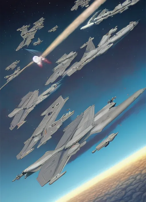 Image similar to poster artwork by michael whelan and tomer hanuka, a portrait, f 3 5 jets dogfighting in the clouds of jupiter, clean