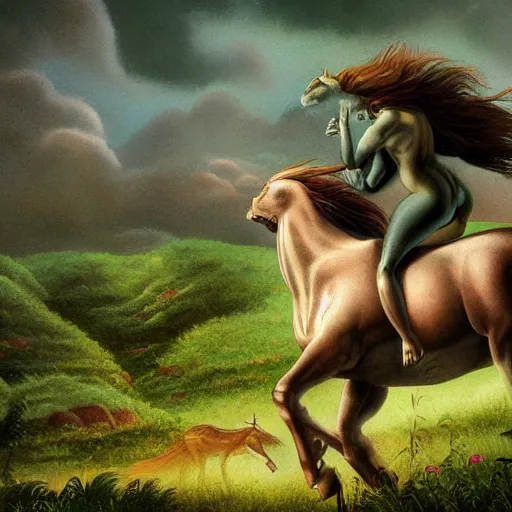 Image similar to brown centaur running through lush green fields, fantasy art