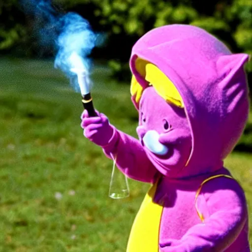 Prompt: a teletubbie smoking a cigarette