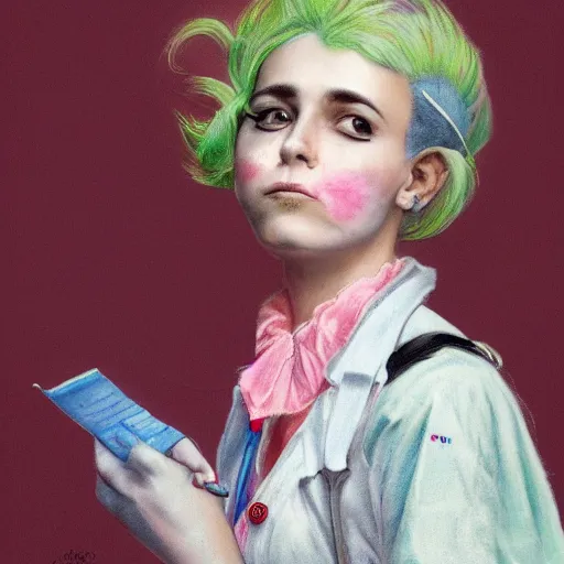 Image similar to clowncore pastel punk young hospital nurse wearing stylish uniform. detailed, portrait, 8 k, artwork by jean - baptiste monge