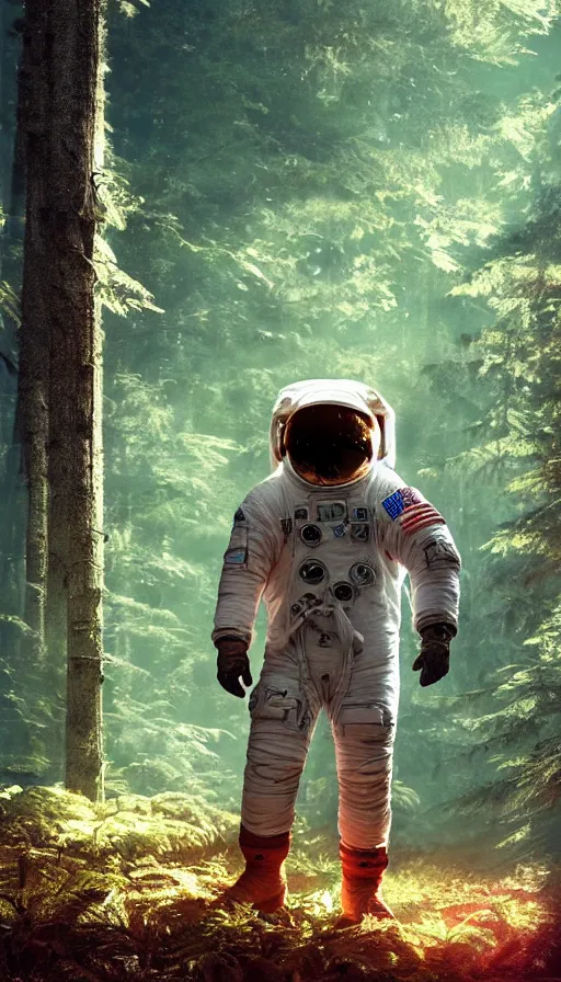 Image similar to american astronaut in the forest plants environment wide angle cinematic lighting atmospheric realistic octane render highly detailed, octane render, in the style of craig mullins