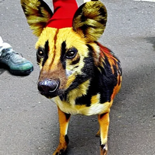 Image similar to A photo of the world's greatest sheriff: an african painted dog dressed in a hat!