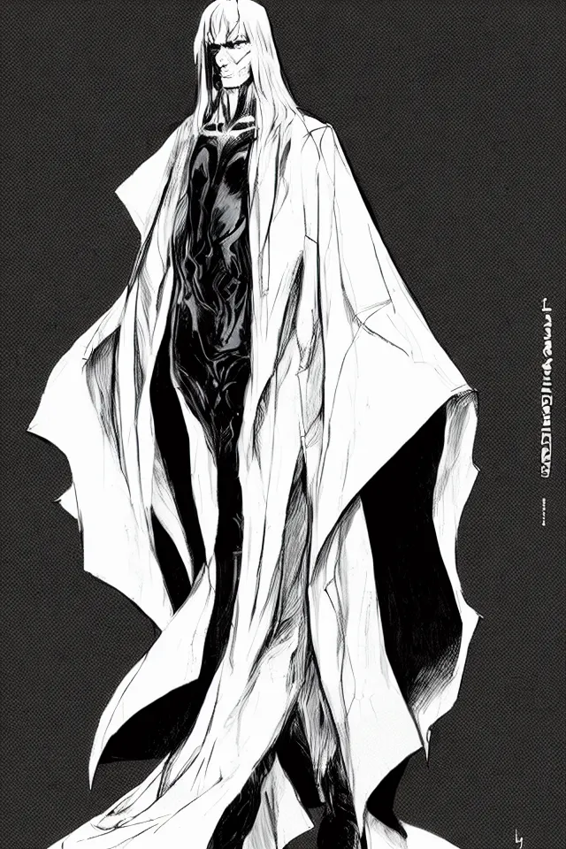 Image similar to a pale long-haired white man in a black latex acronym cape, in the style of moebius and ashley wood, character design, concept art