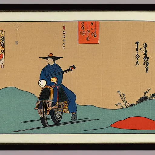 Prompt: painting of a man wearing a cowboy hat riding a royal enfield classic 3 5 0 halcyon in feudal japan village, ukiyo - e traditional japanese painting style