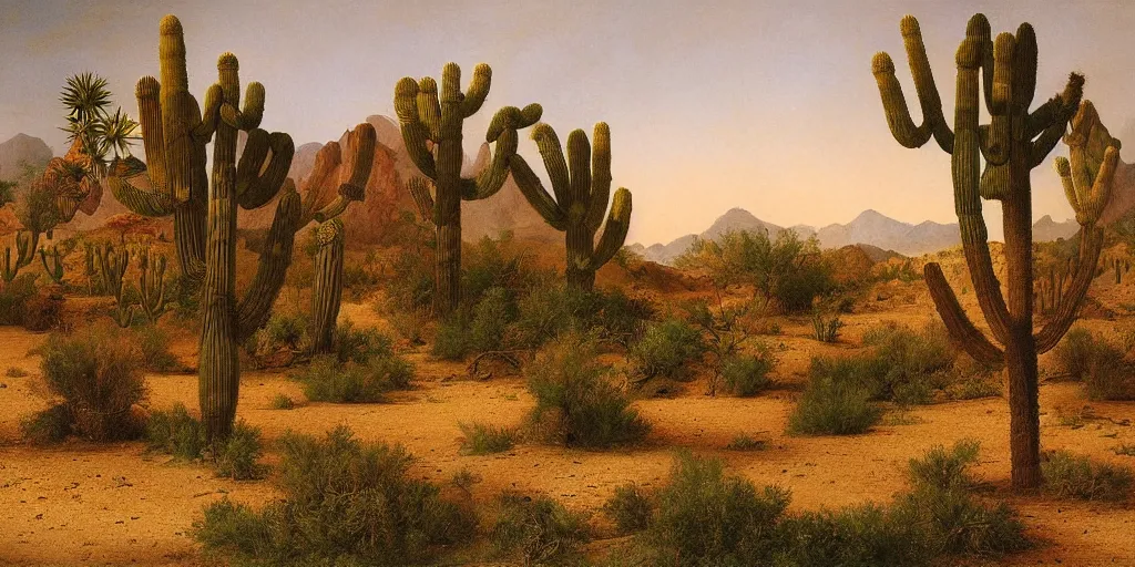 Prompt: beautiful lush desert landscape oasis artwork by eugene von guerard