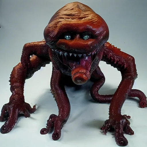 Prompt: Gross animatronic movie-monster from an 80's horror movie, slimy, tentacles emerging from its fang filled mouth, multi-jointed, vile, The Thing style, Rob Bottin style