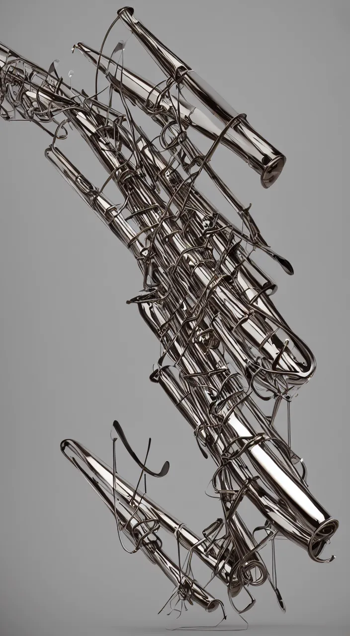 Prompt: a wind musical instrument with pipes in the shape of vocal tracts producing a jet stream of air, 8 k, octane