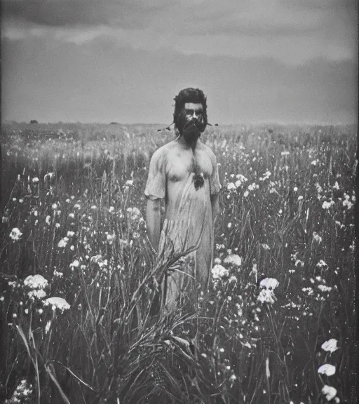 Image similar to mystical black death god standing in tall meadow of flowers, distant, vintage film photo, grainy, high detail, high resolution