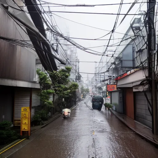 Image similar to rain - soaked alley with messy overhead cables in tokyo