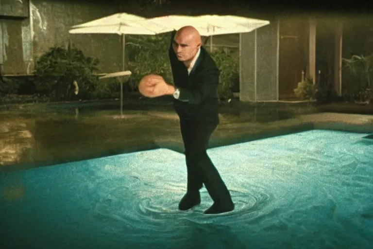 Prompt: pitbull throwing rocks into a pool of translucent goo, over the shoulder perspective, in 1 9 8 5, y 2 k cybercore, industrial low - light photography, still from a kiyoshi kurosawa movie