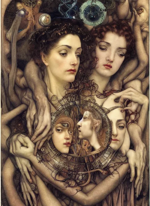 Prompt: hyper realistic painting of happiness, detailed faces, veil, in the style of mc escher, austin osman spare, wayne barlowe, gustav moreau, goward, gaston bussiere and roberto ferri, santiago caruso, bouguereau, klimt, saturno butto, sorayama. occult art, alchemical diagram