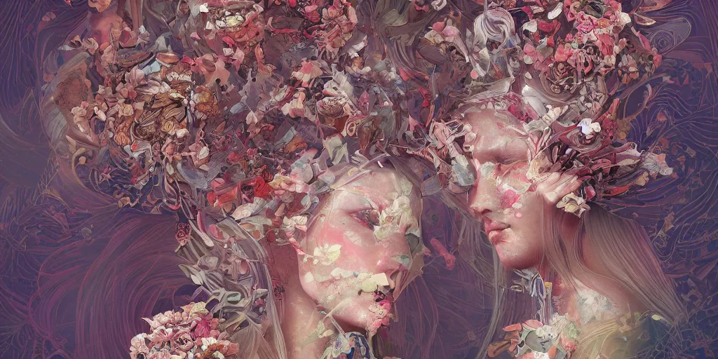 Image similar to breathtaking detailed concept art painting kaleidoscope art deco pattern of blonde faces goddesses amalmation flowers, by hsiao - ron cheng, bizarre compositions, exquisite detail, extremely moody lighting, 8 k