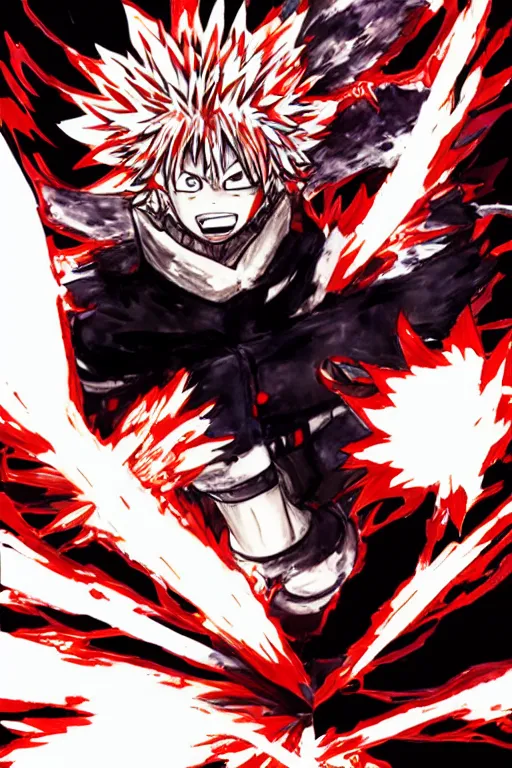 Image similar to a manga panel of bakugo katsuki with an explosion behind him, by kohei horikoshi