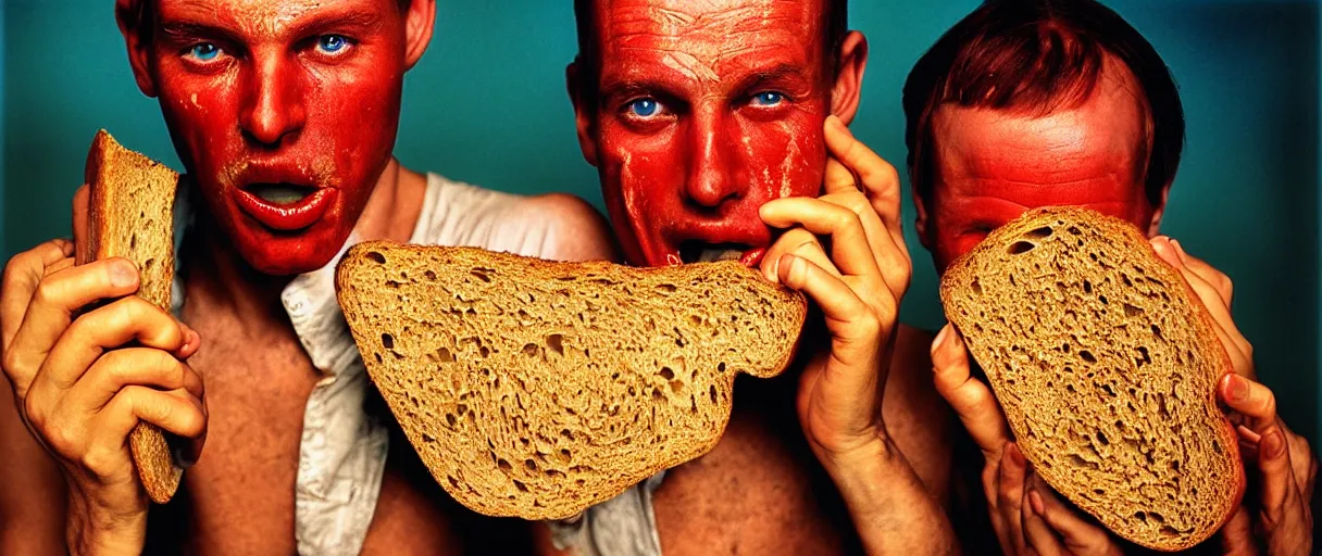 Image similar to award winning photo of a soulless man eating dry bread, vivid colors, happy, symmetrical face, beautiful eyes, studio lighting, wide shot art by sally mann & arnold newman