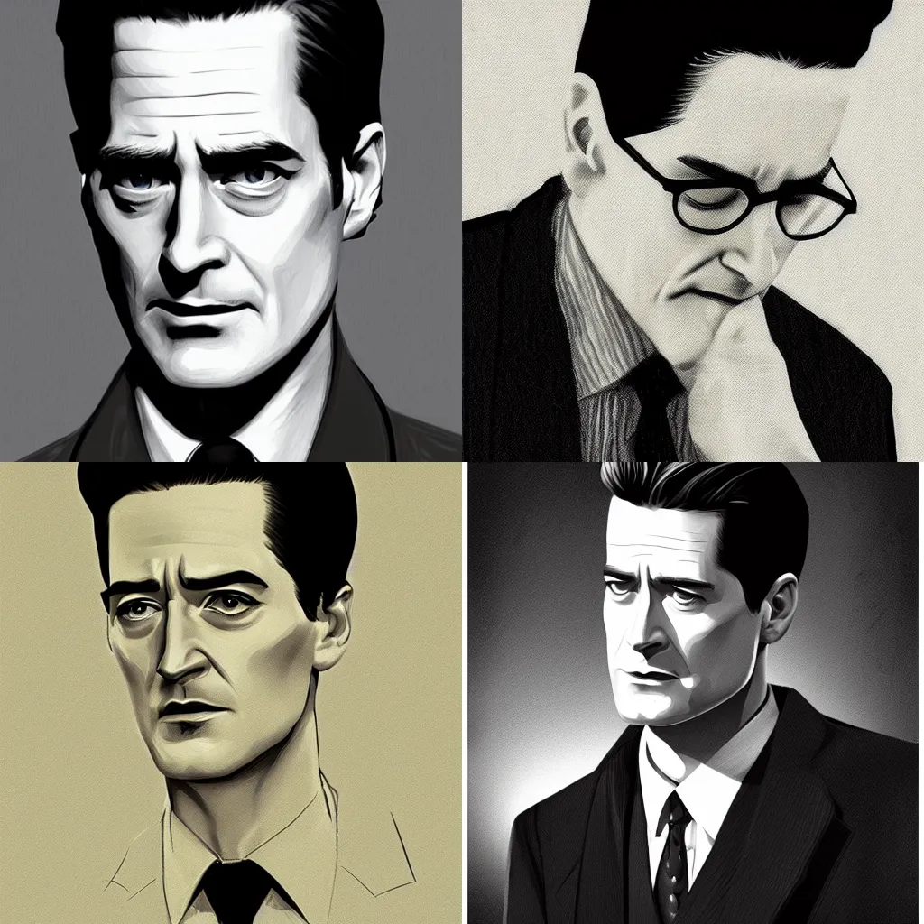 Prompt: Retro Noir Portrait of Dale Cooper Kyle Maclachlan from Twin Peaks intricate, elegant, highly detailed, digital painting, artstation, concept art, smooth, sharp focus by Moebius, Deathburger