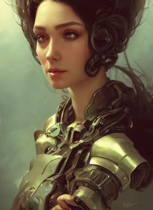 Image similar to a woman with a buggy television head, headshot, painted fantasy character portrait, D&D, highly detailed, digital painting, artstation, sharp focus, art by artgerm and greg rutkowski and alphonse mucha and magali villeneuve