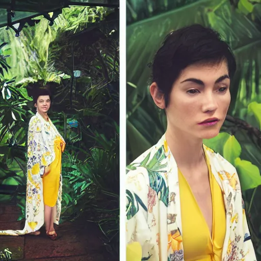 Image similar to head to shoulder portrait Polaroid photograph of an elegant top model wearing a yellow kimono with a very detailed barn owl on her shoulder!!! in a tropical greenhouse. looking at the camera!!. super resolution. 85 mm f1.8 lens.bokeh. art by Alessio albi and ashley wood and Edmund Blair Leighton ! -