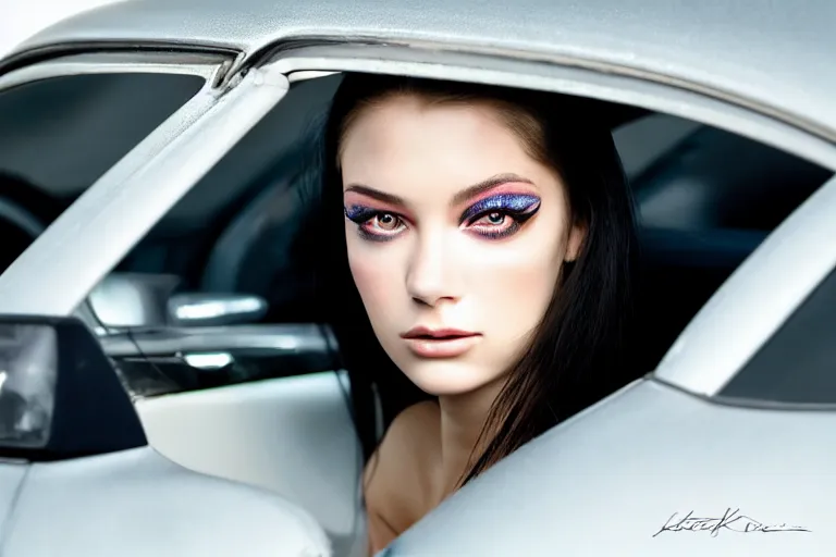 Image similar to mid shot portrait of a stunningly pretty young woman, sitting in her car, stuck in a traffic jam, tears, frustration, in the style of David Bailey , realistic, sharp focus, 8k high definition, medium format film photography, photo realistic, insanely detailed, intricate, elegant, art by les edwards and David kostic and stanley lau and artgerm