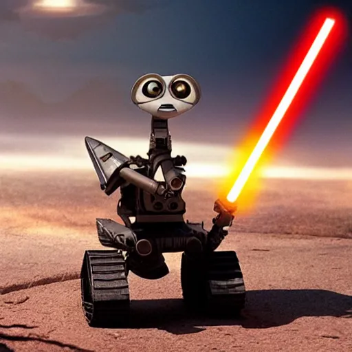 Image similar to photograph of wall - e wielding a lightsaber, hd