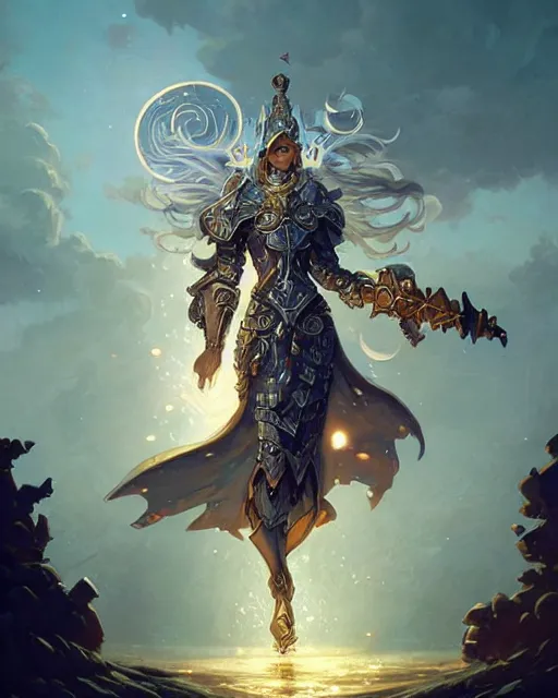 Prompt: paladin in white gold intricate plate armor pixelating into the wind, fantasy art by peter mohrbacher, james jean, dan mumford, radiant halo of light