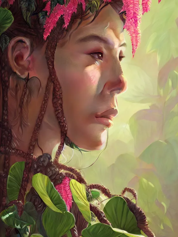 Prompt: beautiful portrait of a Subtropics minority female wearing fantastic costume, pigtail,subtropical plants,subtropical plants flowers,intricate, elegant, highly detailed, dim volumetric lighting, 8k,octane,post-processing,digital painting, trending on artstation, concept art, smooth, sharp focus, illustration,by Tom Bagshaw and Daniel Gerhartz and Albert Aublet and Lawrence Alma-Tadema and alphonse mucha