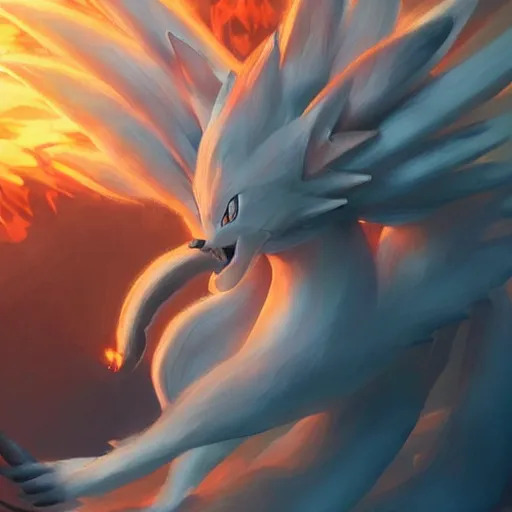 Image similar to pokemon ninetails of fire, artstation greg rutkowski, cinematic, hyperrealist, digital art