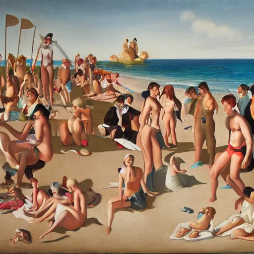 Image similar to an art piece depicting a social gathering on a beach in the style of richard hamilton