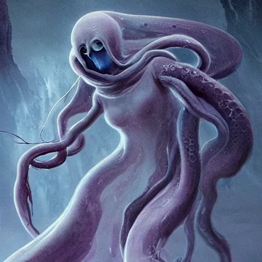 Image similar to concept designs for an ethereal ghostly wraith like figure with a squid like parasite latched onto its head and long tentacle arms that flow lazily but gracefully at its sides like a cloak while it floats around a frozen rocky tundra in the snow searching for lost souls and that hides amongst the shadows in the trees, this character has hydrokinesis and electrokinesis for the resident evil village video game franchise with inspiration from the franchise Bloodborne