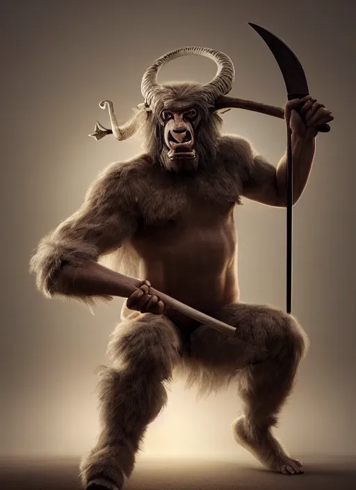 Prompt: hyperrealistic mixed media portrait of a humanoid ram beast creature ready to attack with his two-handed axe, stunning 3d render inspired art by Michael Parkes + perfect facial symmetry + dim volumetric lighting, 8k octane beautifully detailed render, post-processing, extremely hyperdetailed, intricate, epic composition, grim yet sparkling atmosphere, cinematic lighting + masterpiece, trending on artstation