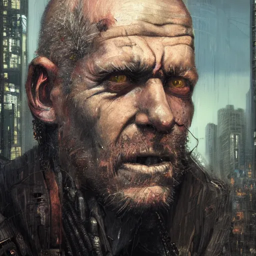 Image similar to cyberpunk, closeup portrait of a shaggy old cyberpunk fence, crooked teeth, bald, tired eyes, tattered tweed jacket, dramatic light, city background, sunset, dystopian setting, high contrast, sharp, neuromancer, the finn, painted by stanley lau, painted by greg rutkowski, painted by stanley artgerm, digital art, trending on artstation